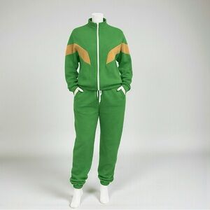 New 2-Piece Green & Tan Contrast Stripe Fleece Jogger Set